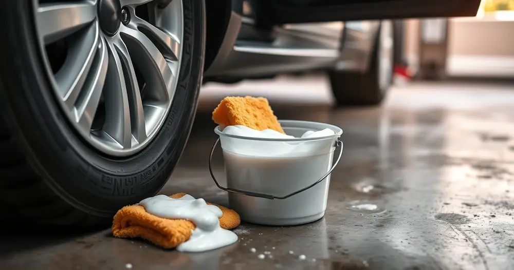 Balde com espuma e esponja apoiados no chão da garagem ao lado de um carro