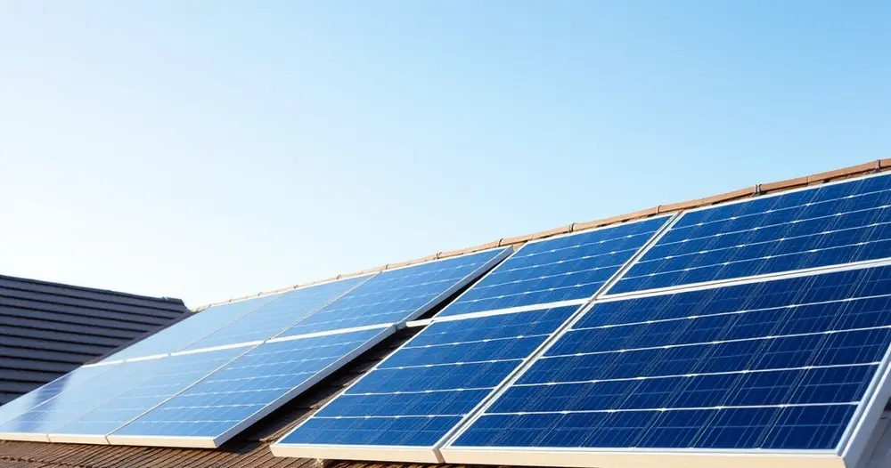 Fileira de placas solares instaladas sobre o telhado de uma residência sob céu claro