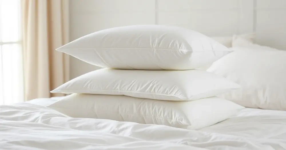 Dois travesseiros brancos empilhados sobre uma cama arrumada com roupa de cama clara