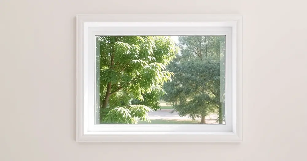 Janela de vidro limpa em parede clara com vista para uma área externa arborizada
