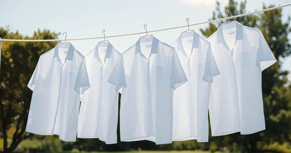 Camisas brancas penduradas lado a lado em um varal ao ar livre