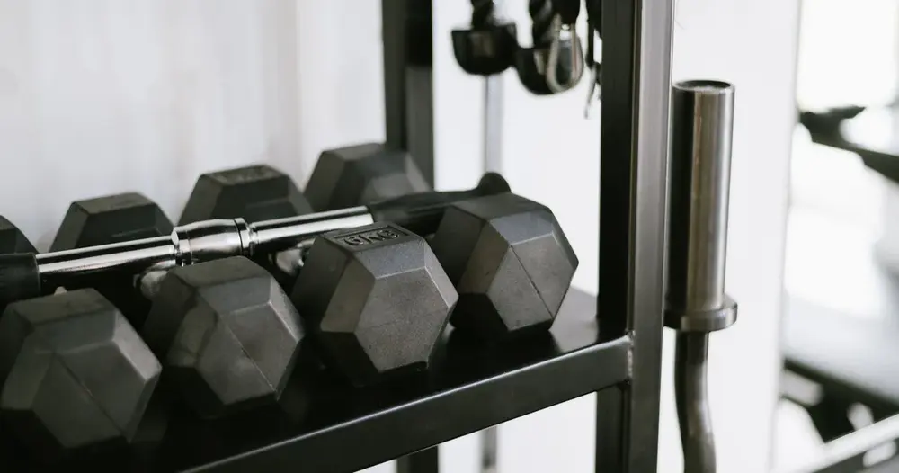 Halteres hexagonais pretos em um rack de academia, ilustrando sites para escolher a especialidade do personal