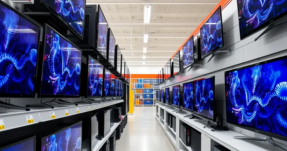 loja de eletrônicos com televisões expostas lado a lado